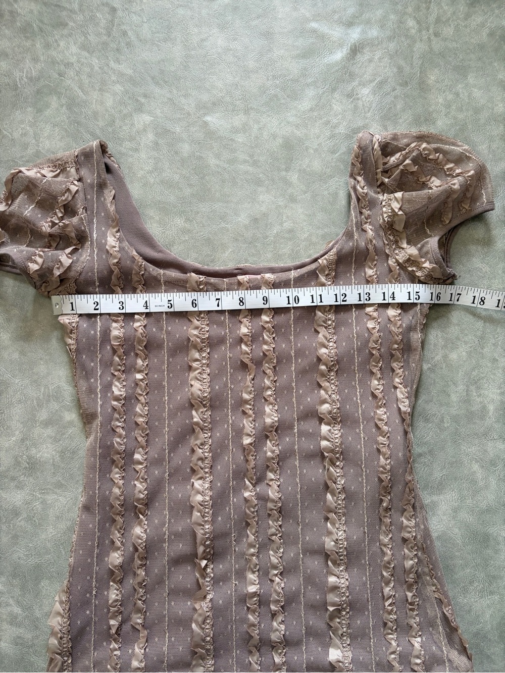 Y2K Light Brown Fairycore Puff Sleeve Swiss Dot Ruffle Lace Top - Picture 9 of 11
